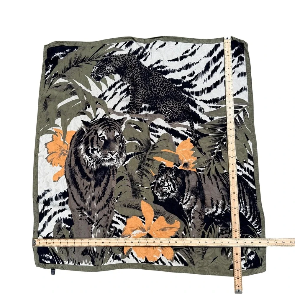 Vintage Italian Silk Scarf Green Tiger Leopard Floral Animal Print 32x34 Safari
